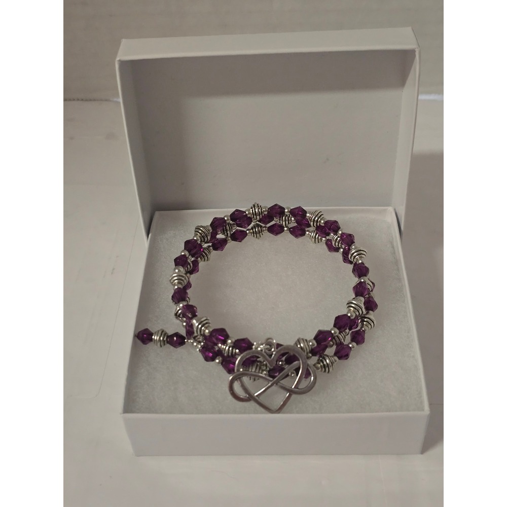 Purple Crystal Memory Wire Wrap Bracelet Silver Tone Infinity Heart Charm Boxed